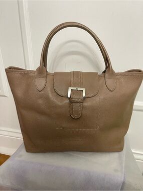 Longchamp Brown Pebbled Leather Tote with Buckle Flap